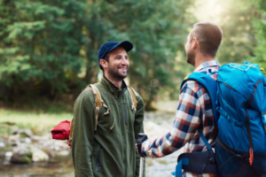 Trail hello Two hikers exchanging a greeting.