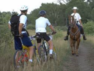 A trail hello Two bikers stopped for a passing equestrian.
